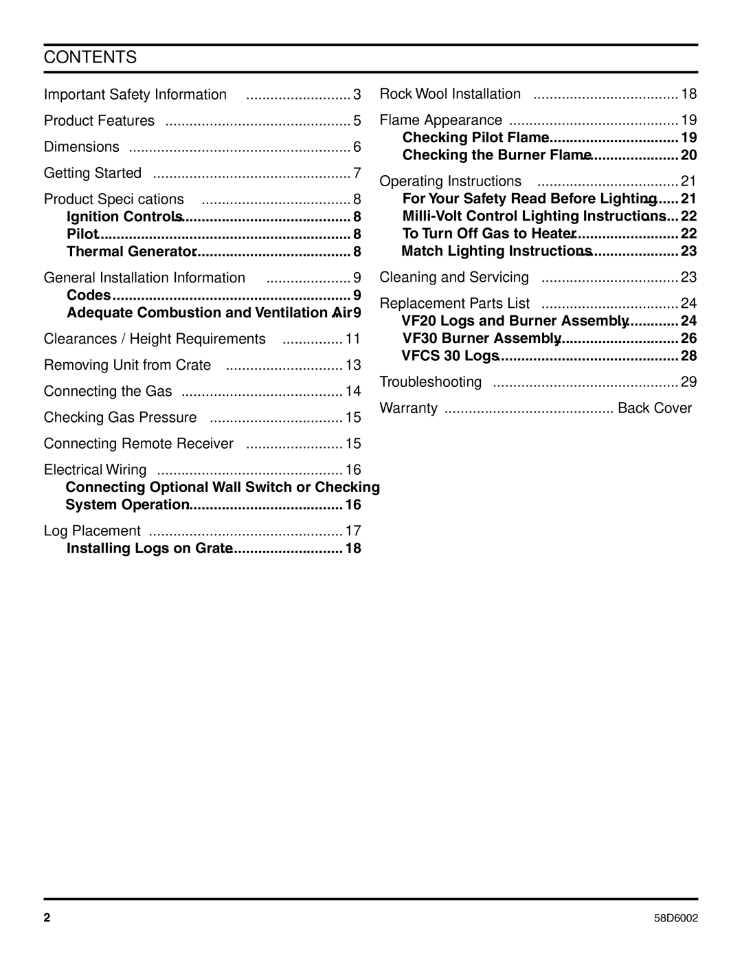 Monessen Hearth VFCS20DPV, VFCS30DNV, VFCS30DPV, VFCS20DNV manual Contents 