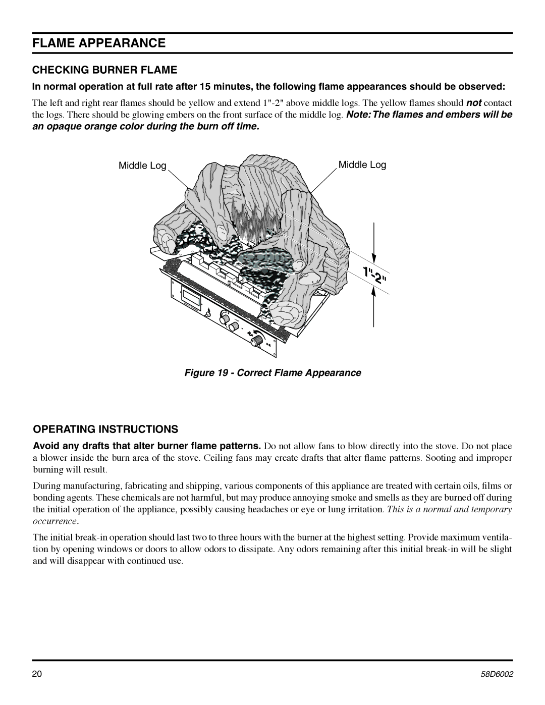 Monessen Hearth VFCS30DNV, VFCS30DPV, VFCS20DPV Flame Appearance, Checking Burner Flame, Operating Instructions, Middle Log 