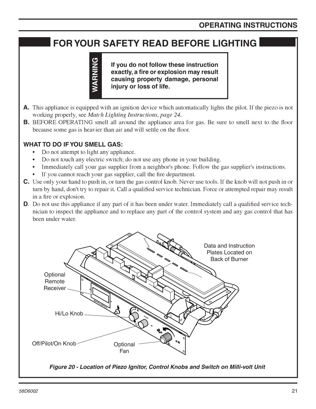 Monessen Hearth VFCS30DPV, VFCS30DNV, VFCS20DPV, VFCS20DNV manual Operating Instructions, Off/Pilot/On Knob Optional 