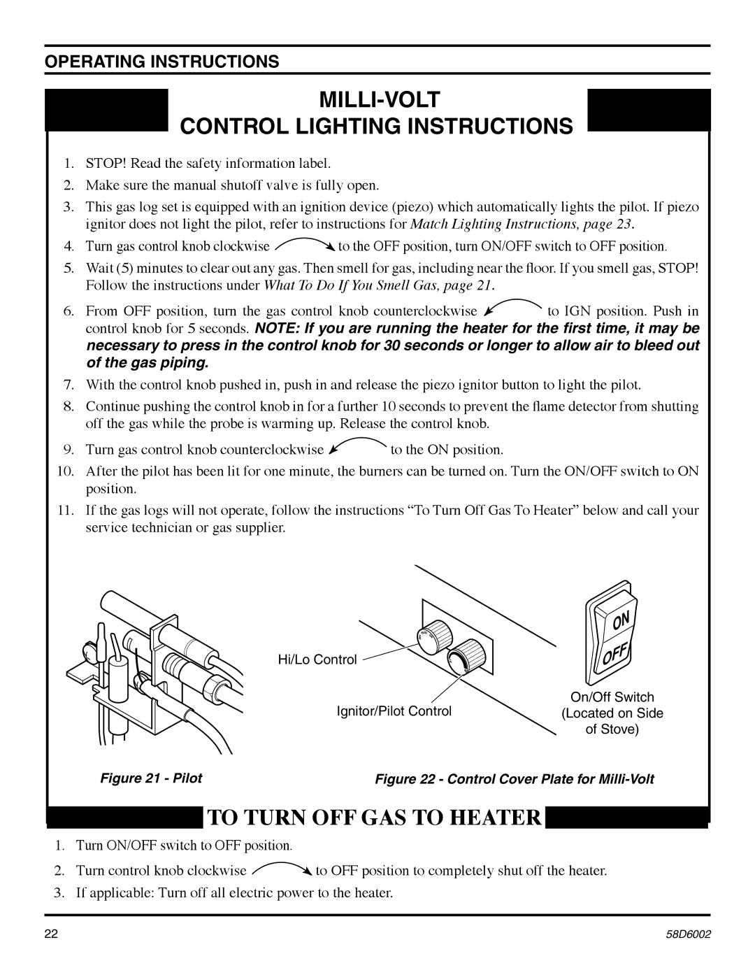 Monessen Hearth VFCS20DPV, VFCS30DNV, VFCS30DPV, VFCS20DNV manual MILLI-VOLT Control Lighting Instructions 