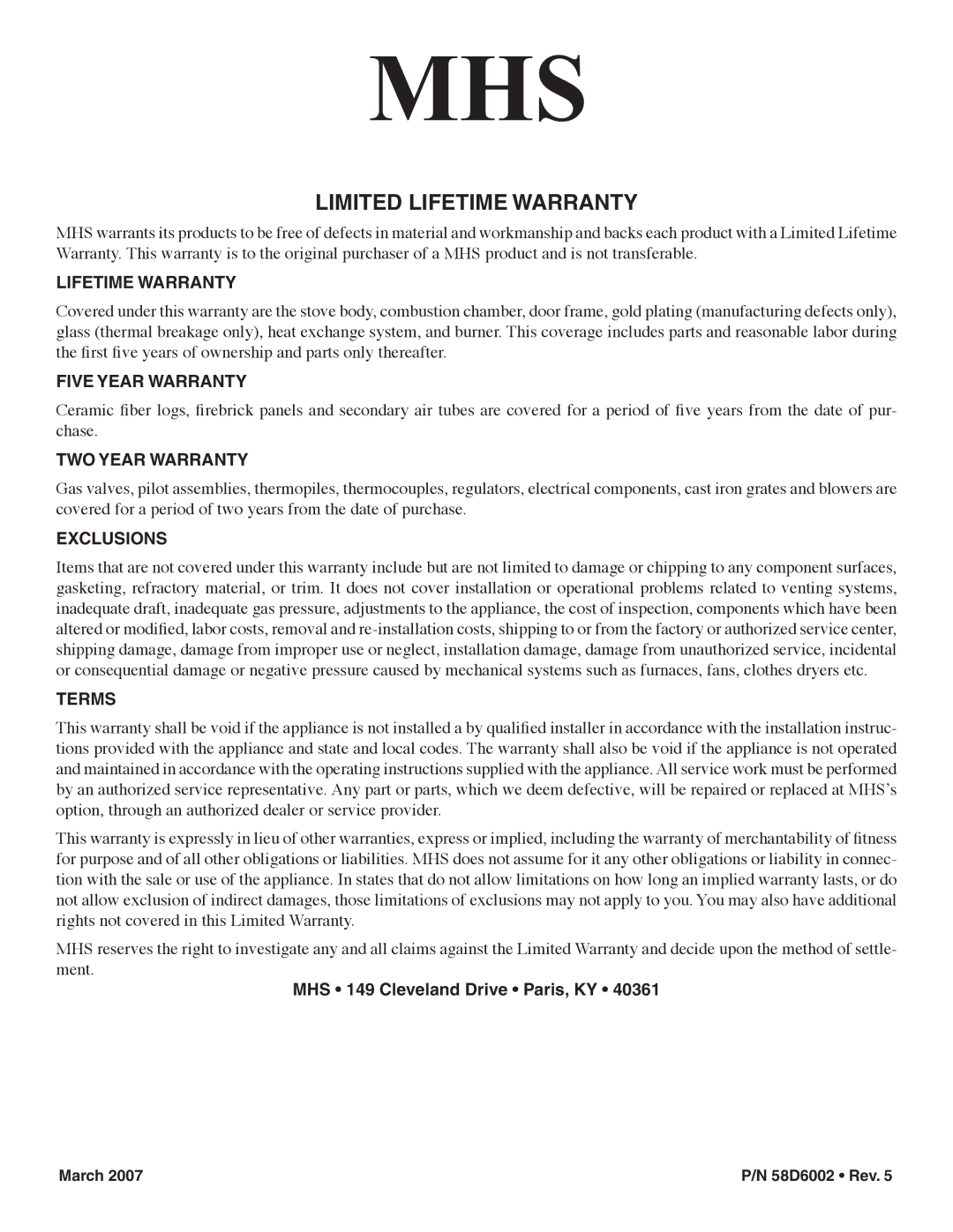 Monessen Hearth VFCS30DNV, VFCS30DPV, VFCS20DPV, VFCS20DNV manual Limited Lifetime Warranty 