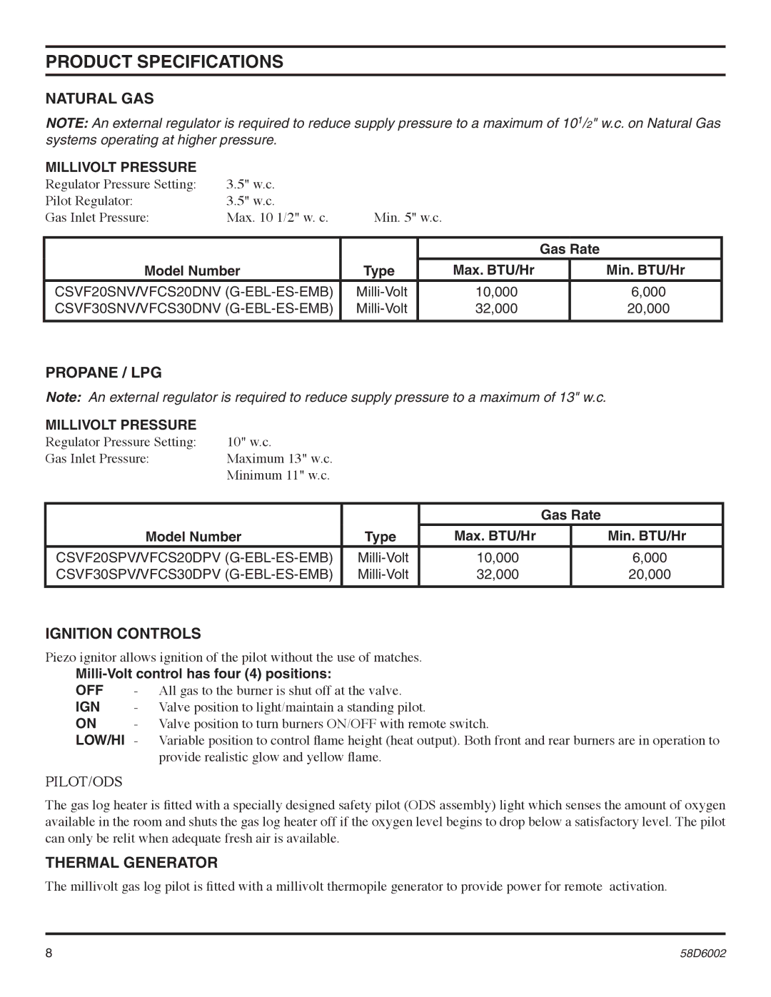 Monessen Hearth VFCS30DNV, VFCS30DPV, VFCS20DPV, VFCS20DNV manual Product Specifications, Natural Gas, Propane / LPG 