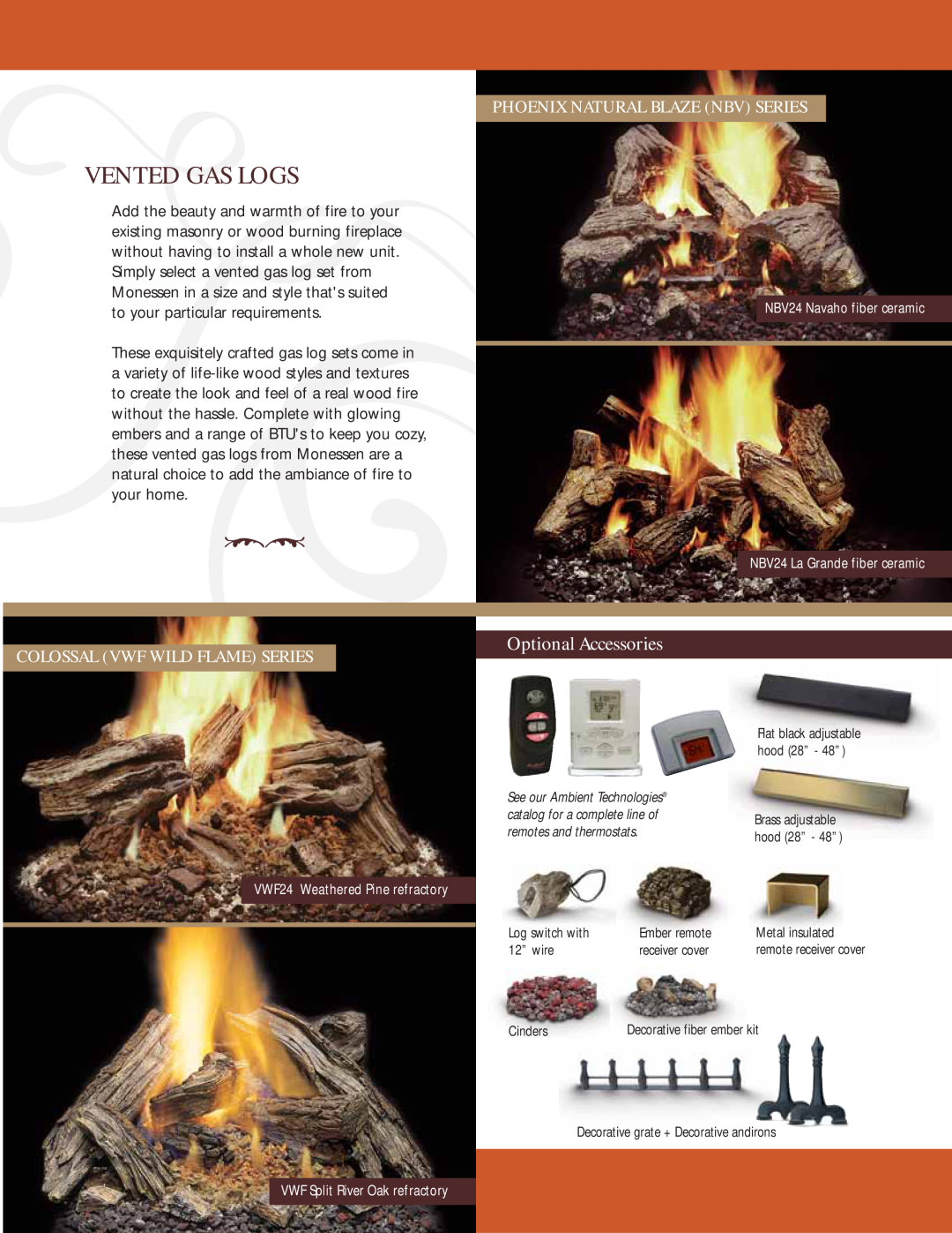 Monessen Hearth VWF24, TPB manual Vented Gas Logs, Optional Accessories, Phoenix Natural Blaze Nbv Series 