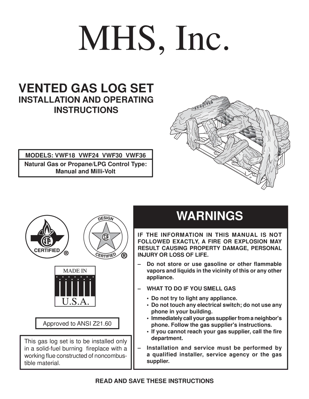 Monessen Hearth manual Models VWF18 VWF24 VWF30 VWF36, Read and Save These Instructions 