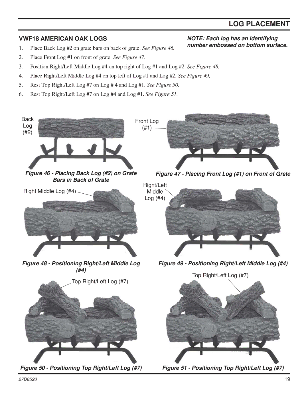 Monessen Hearth VWF30, VWF36 manual VWF18 American OAK Logs, Placing Back Log #2 on Grate 