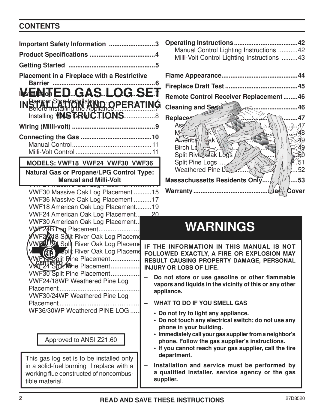 Monessen Hearth VWF18, VWF36, VWF30 manual Contents 