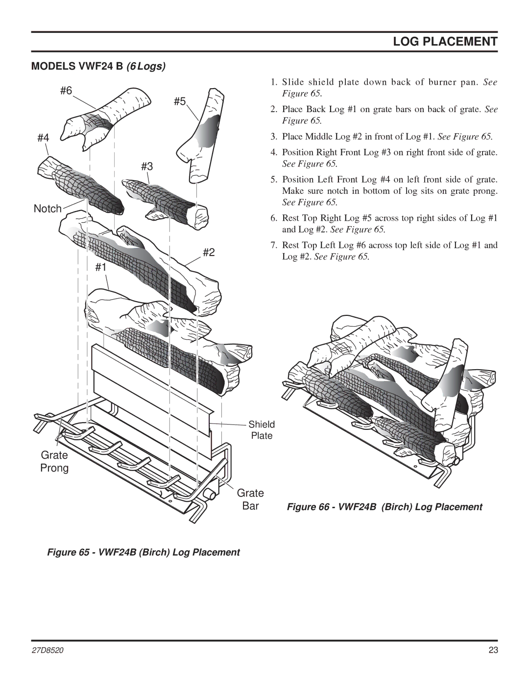 Monessen Hearth VWF18, VWF36, VWF30 manual Notch Grate Prong, Models VWF24 B 6 Logs 