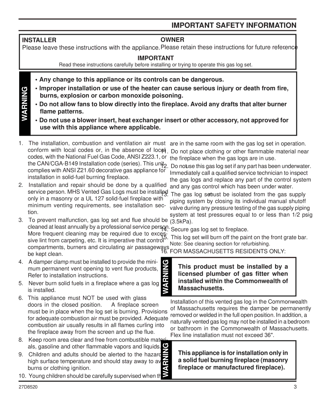 Monessen Hearth VWF36, VWF30, VWF18 manual Important Safety Information, Installer, Owner 