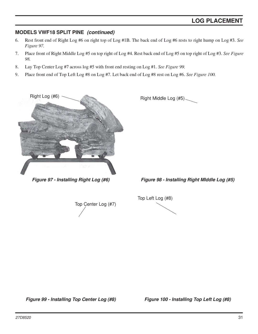 Monessen Hearth VWF30, VWF36 manual Models VWF18 Split Pine, Installing Right Log #6 