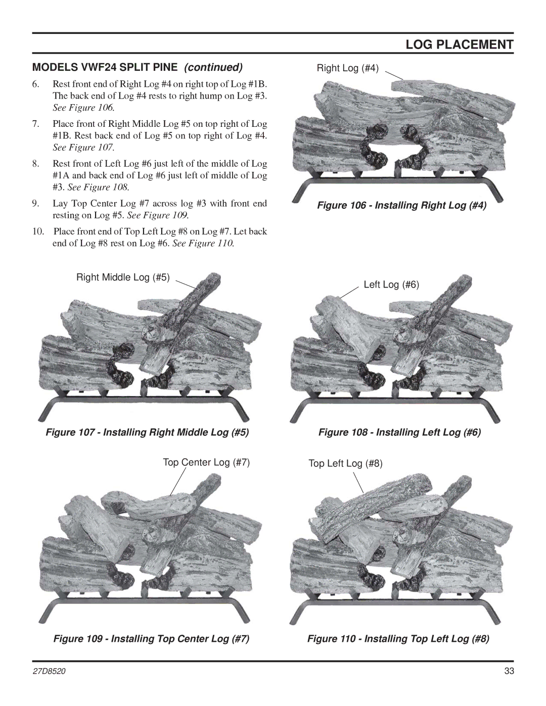 Monessen Hearth VWF36, VWF30, VWF18 manual Models VWF24 Split Pine, Installing Top Center Log #7 