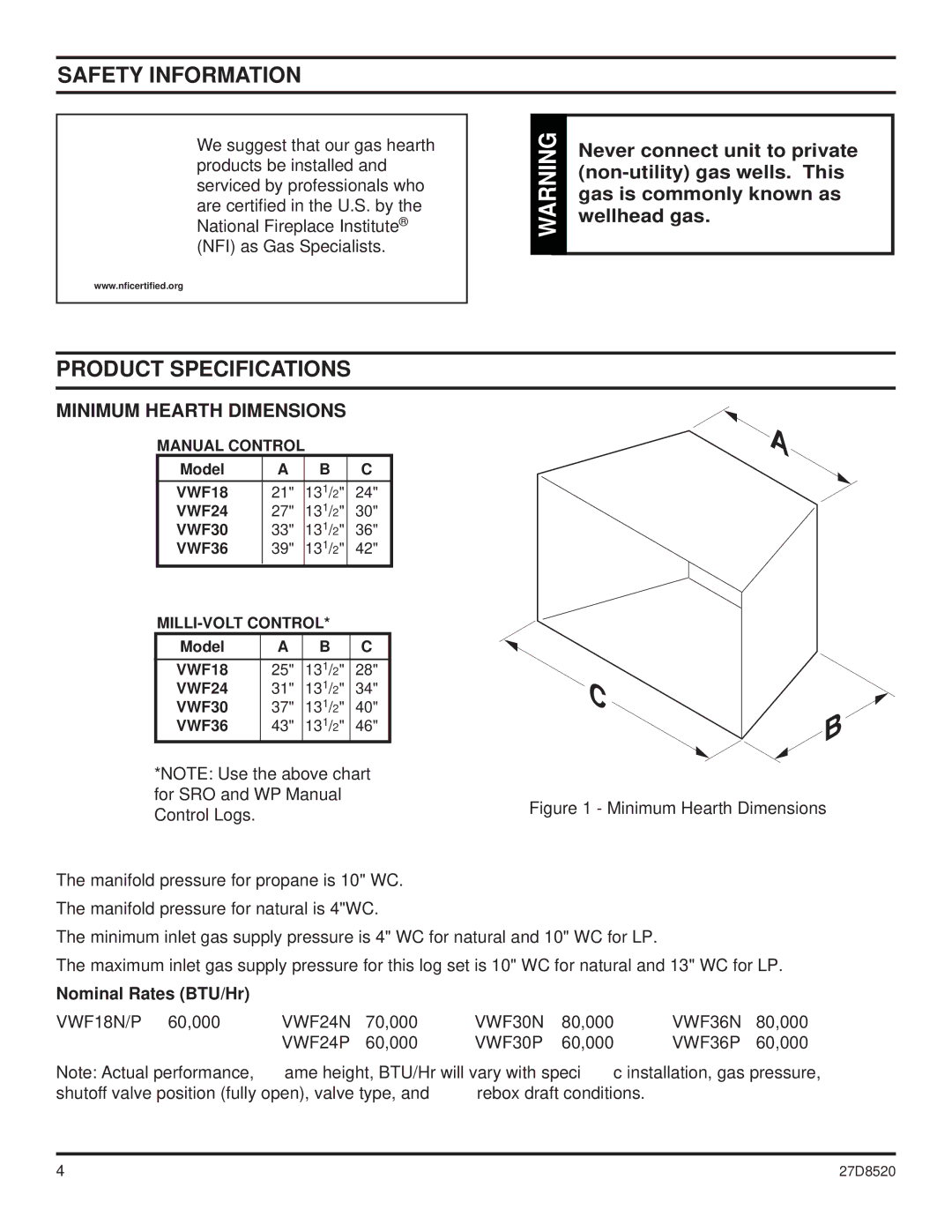 Monessen Hearth VWF30, VWF36, VWF18 manual Safety Information, Product Specifications, Minimum Hearth Dimensions 