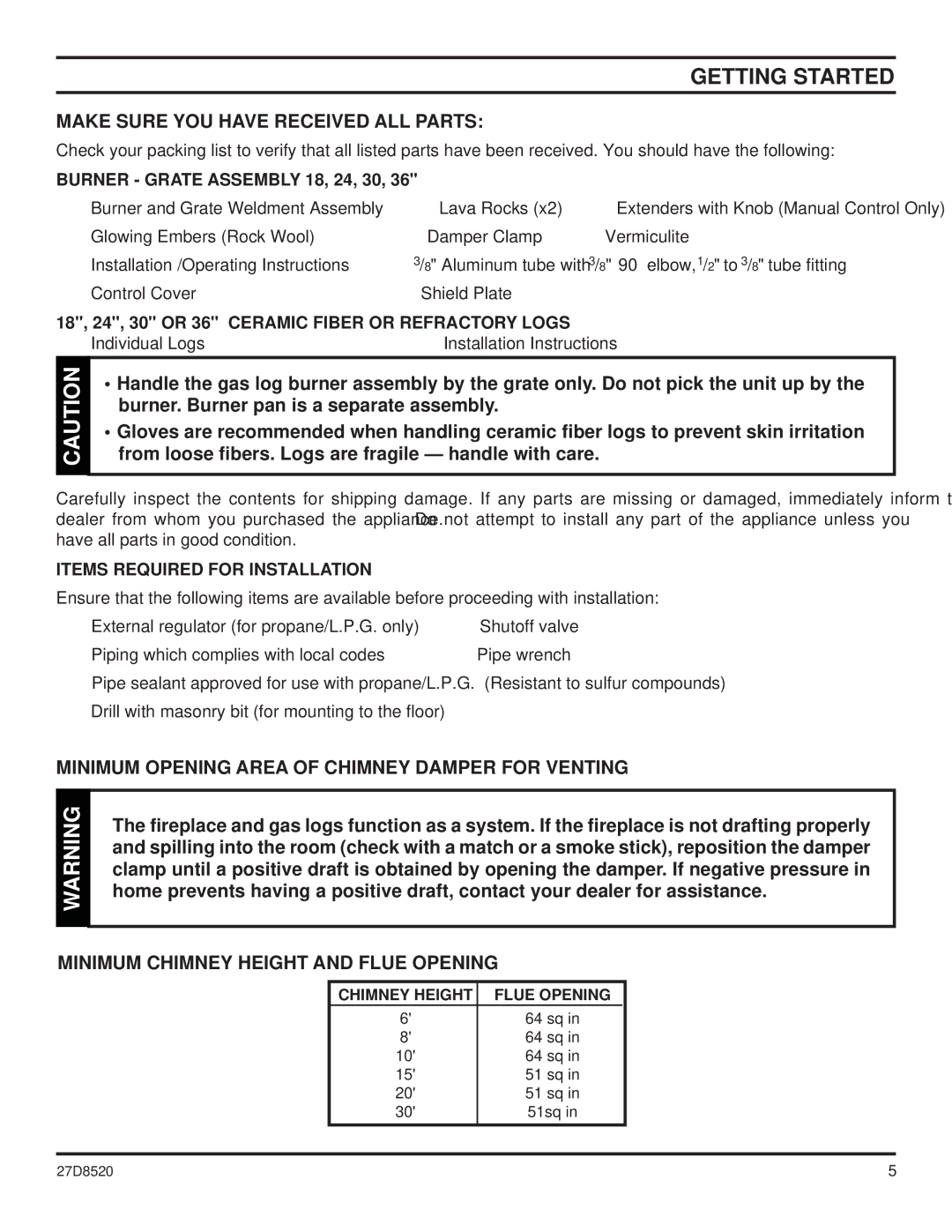 Monessen Hearth VWF18 Getting Started, Make Sure YOU have Received ALL Parts, Minimum Chimney Height and Flue Opening 