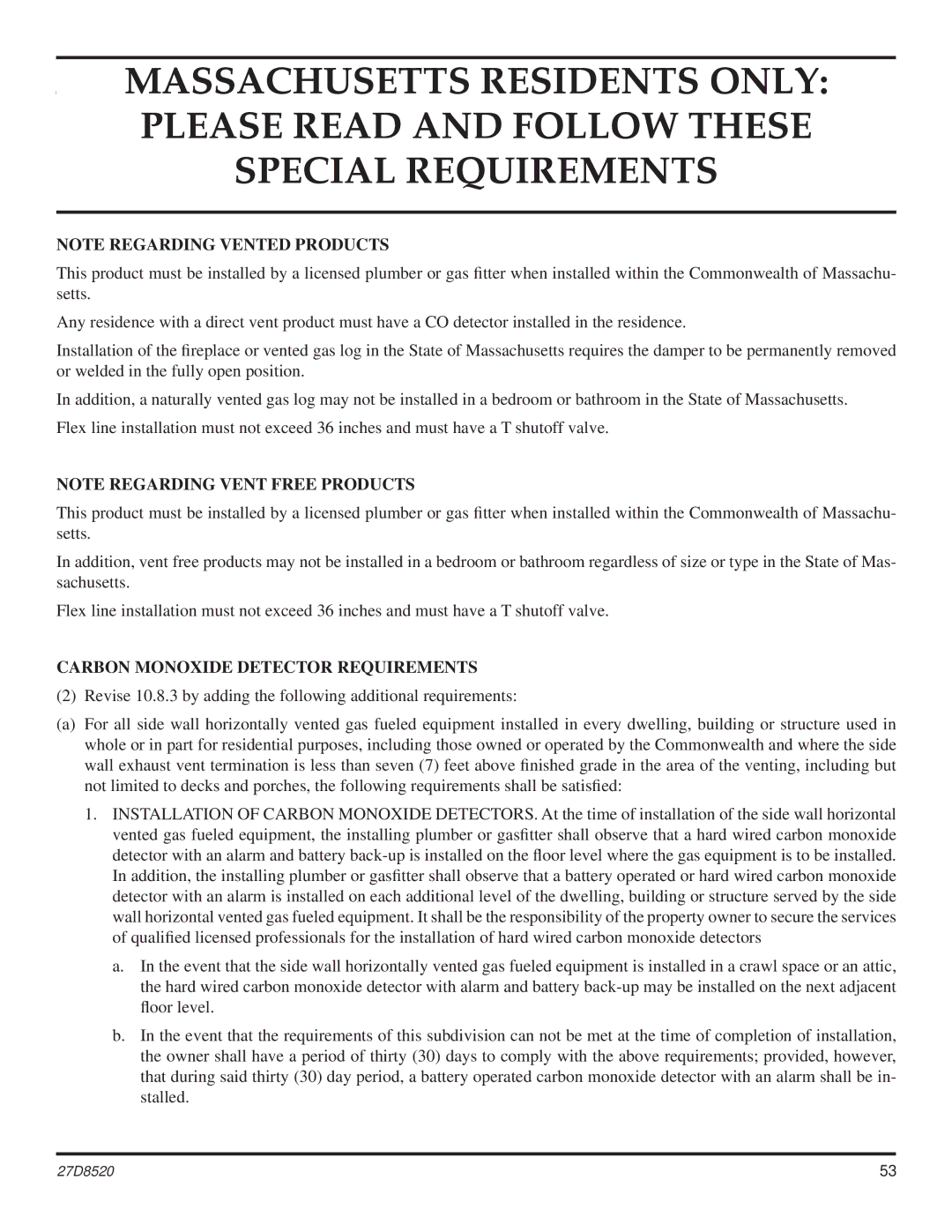 Monessen Hearth VWF18, VWF36, VWF30 manual Carbon Monoxide Detector Requirements 