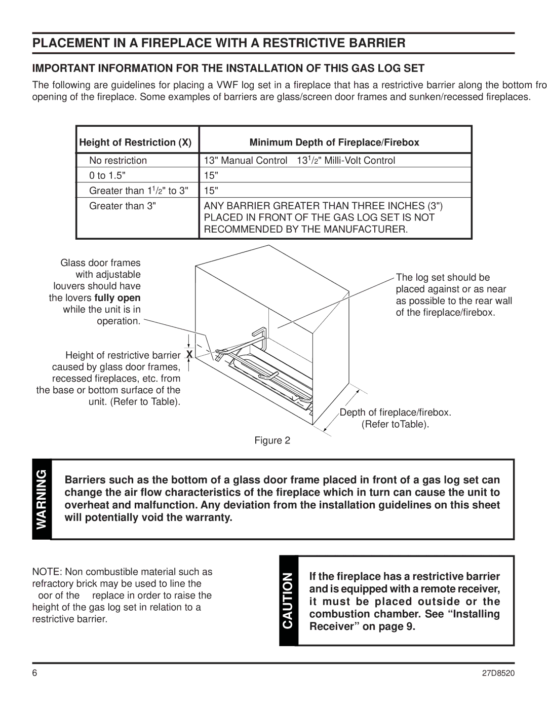 Monessen Hearth VWF36, VWF30, VWF18 manual Placement in a Fireplace with a Restrictive Barrier 