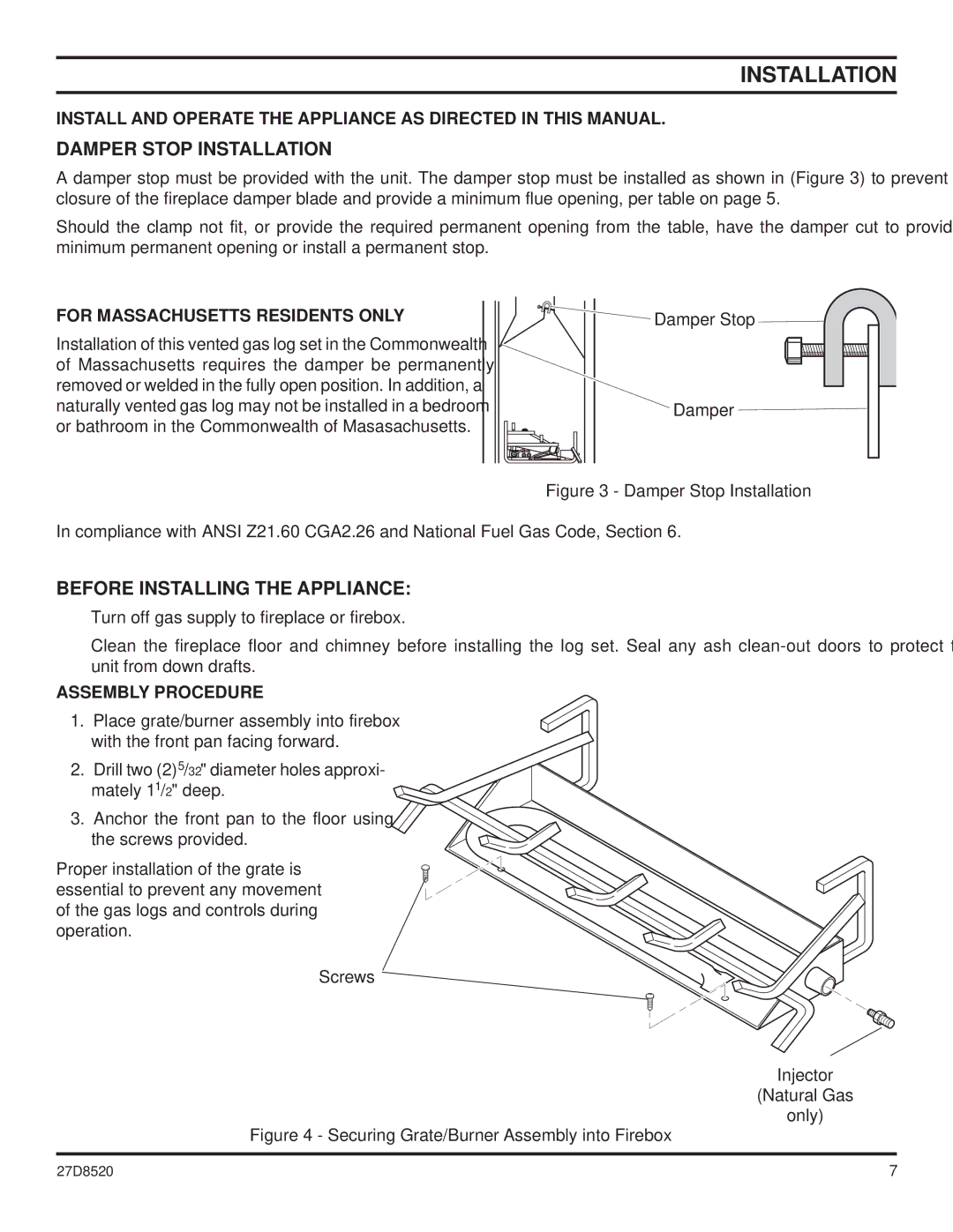 Monessen Hearth VWF30, VWF36, VWF18 manual Damper Stop Installation, Before Installing the Appliance 