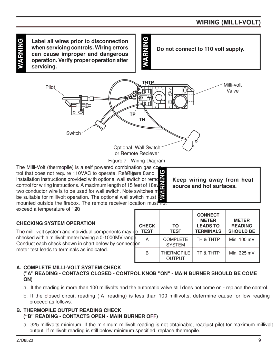 Monessen Hearth VWF36, VWF30, VWF18 manual Wiring MILLI-VOLT, Keep wiring away from heat, Source and hot surfaces 