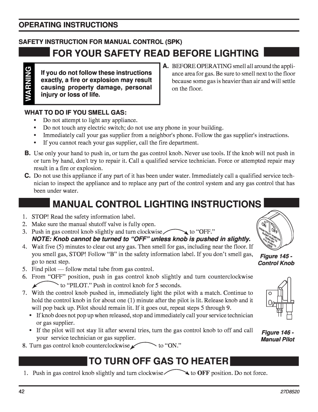Monessen Hearth VWF36 For Your Safety Read Before Lighting, Manual Control Lighting Instructions, Operating Instructions 