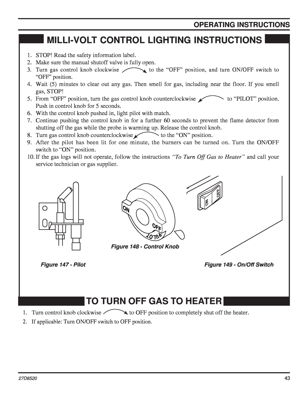 Monessen Hearth VWF30, VWF36 Milli-Voltcontrol Lighting Instructions, To Turn Off Gas To Heater, Operating Instructions 