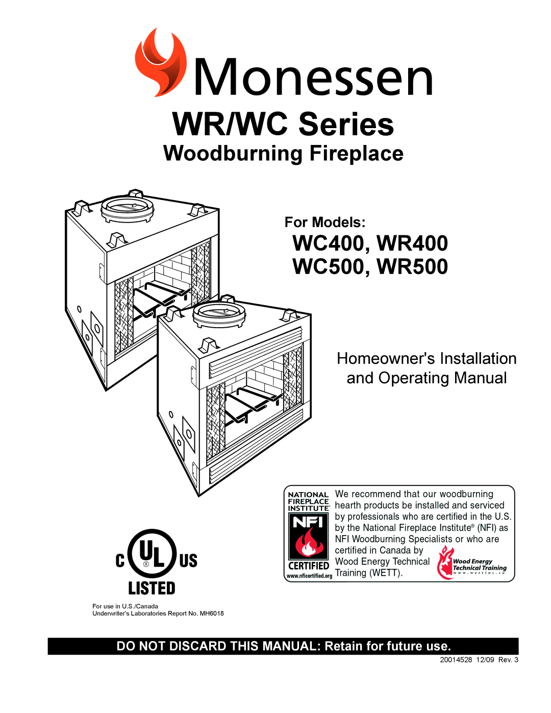 Monessen Hearth WR400, WC400, WR500, WC500 manual WR/WC Series 