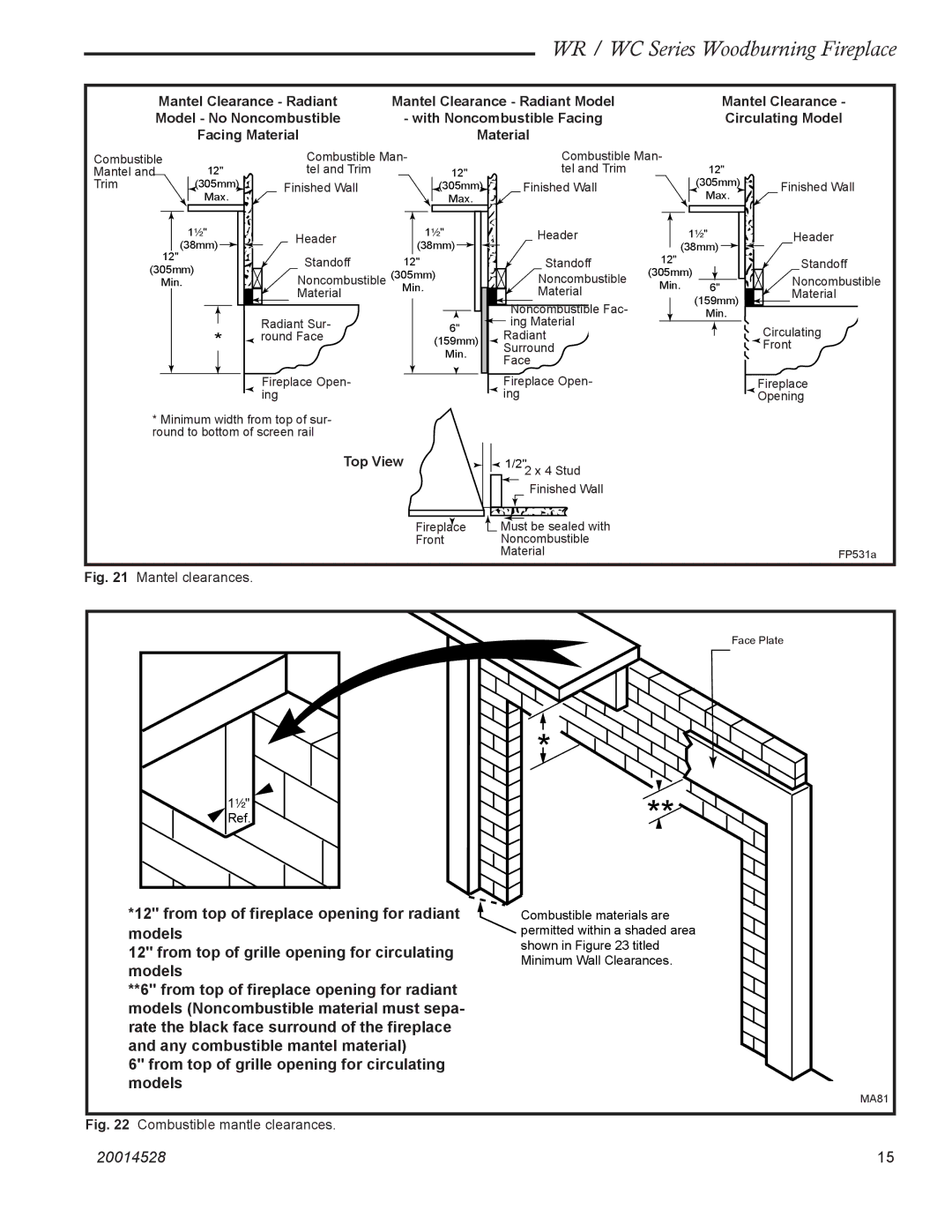 Monessen Hearth WC500, WC400, WR400, WR500 manual Top View, Material 