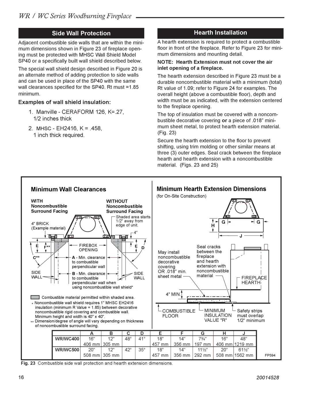 Monessen Hearth WC400, WR400 Side Wall Protection Hearth Installation, Minimum Wall Clearances, For On-Site Construction 