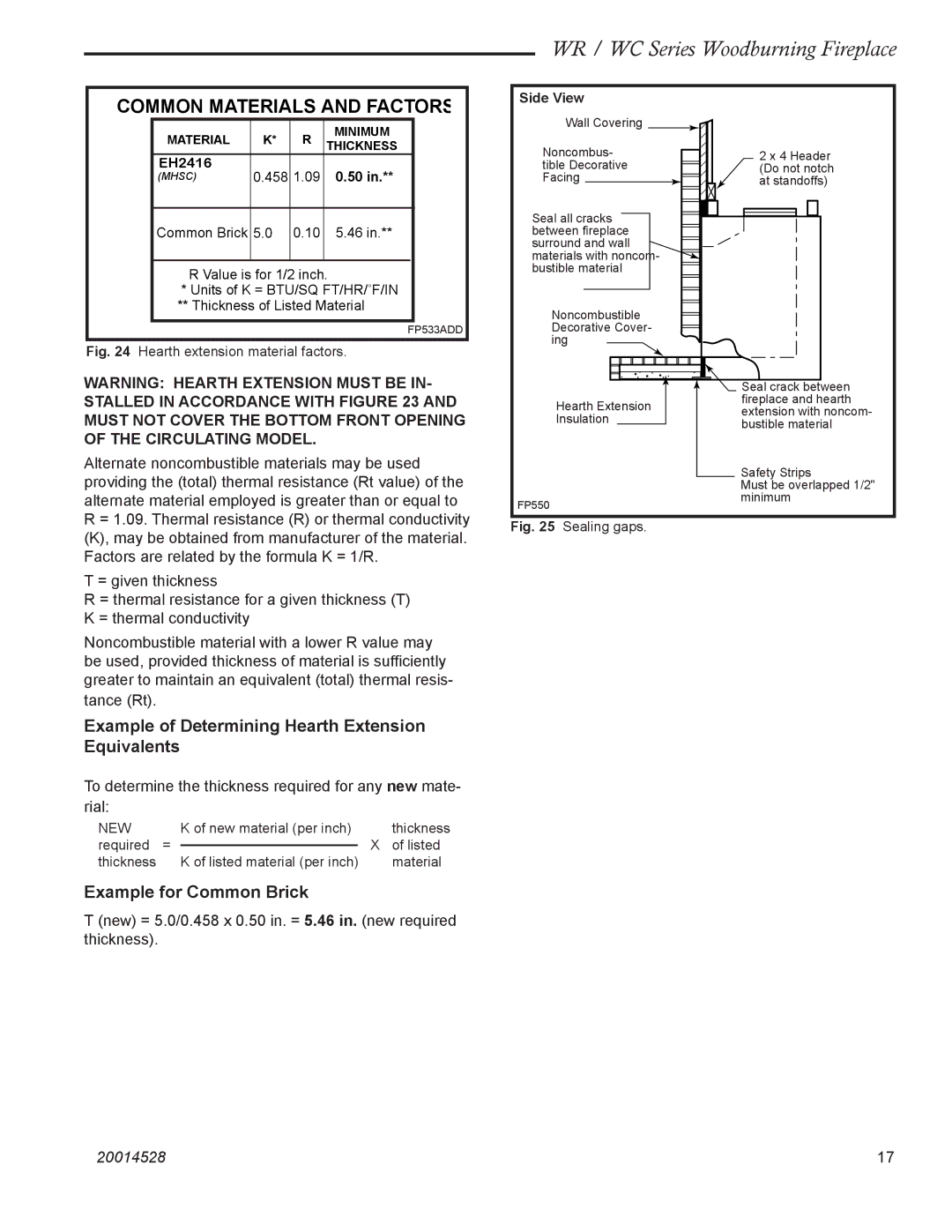 Monessen Hearth WR400, WC400, WR500, WC500 manual Side View, EH2416 458 