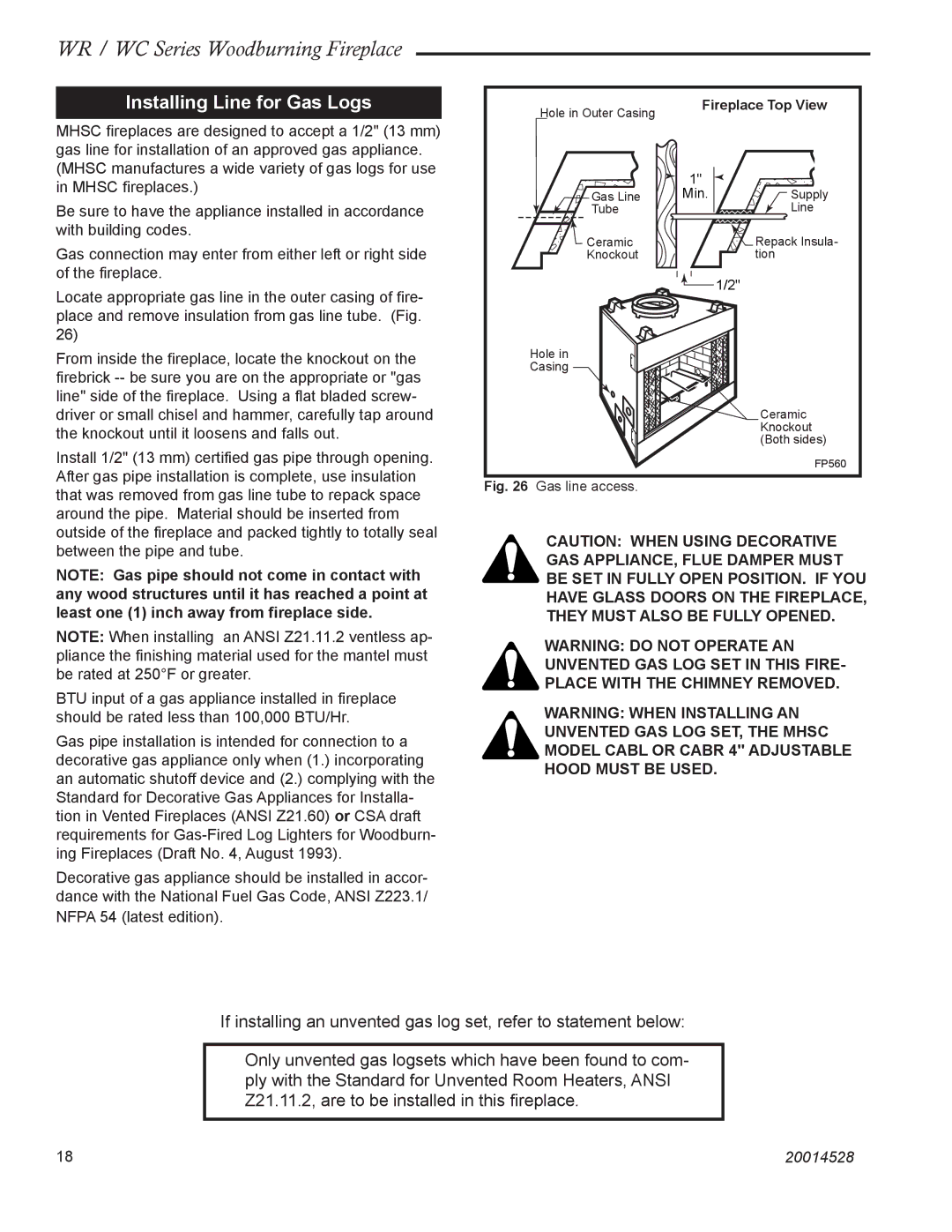 Monessen Hearth WR500, WC400, WR400, WC500 manual Installing Line for Gas Logs, Fireplace Top View 