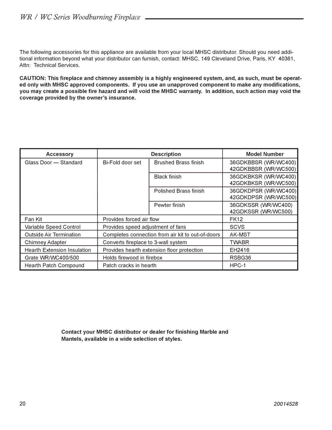 Monessen Hearth WC400, WR400, WR500, WC500 manual Accessories, Accessory Description Model Number 