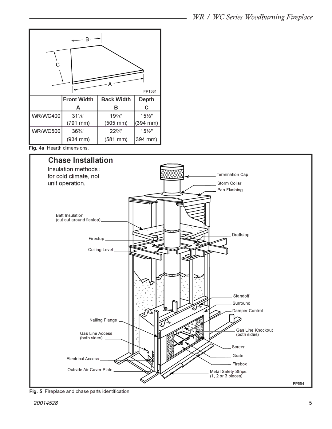 Monessen Hearth WR400, WC400, WR500, WC500 manual Chase Installation, Front Width Back Width Depth 