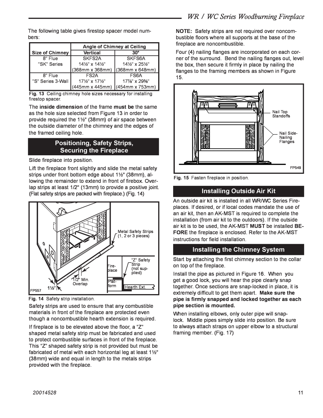 Monessen Hearth WC500, WC400, WR400 Positioning, Safety Strips Securing the Fireplace, Installing Outside Air Kit, 20014528 