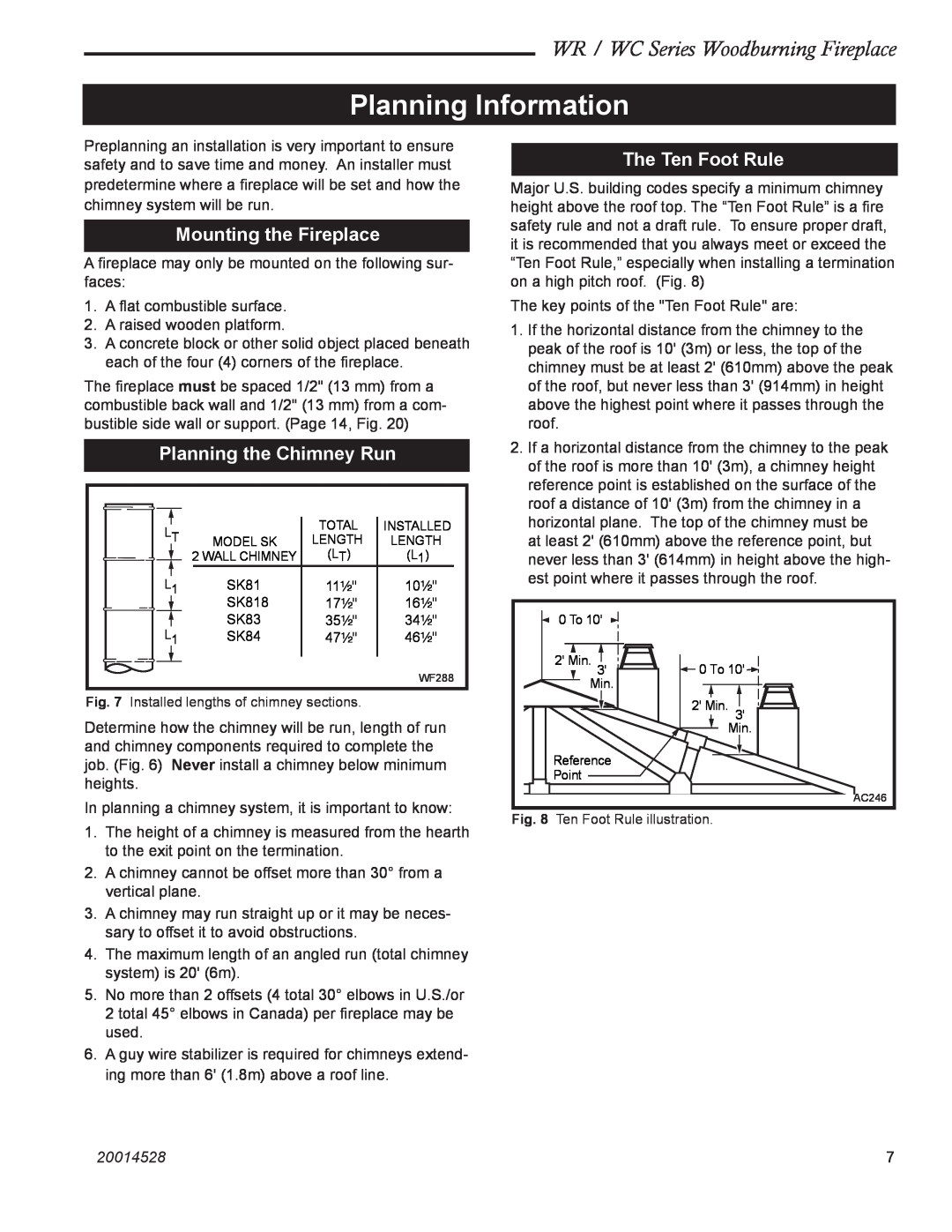 Monessen Hearth WC500 Planning Information, Mounting the Fireplace, Planning the Chimney Run, The Ten Foot Rule, 20014528 