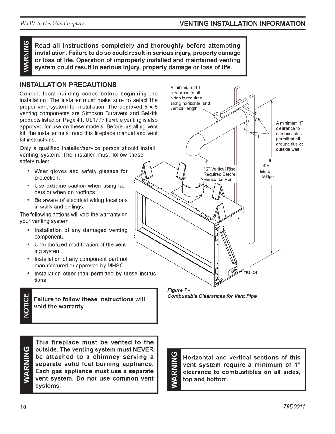 Monessen Hearth WDV500 manual Venting Installation Information, Installation precautions, Void the warranty 