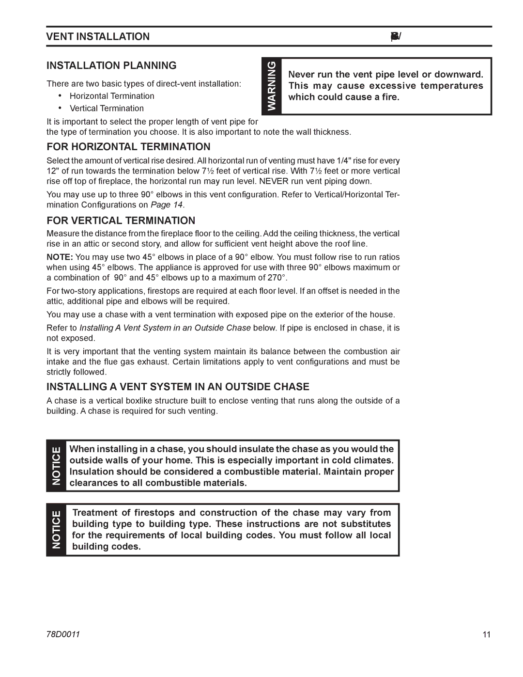 Monessen Hearth WDV500 Vent installation, Installation planning, For horizontal termination, For vertical termination 