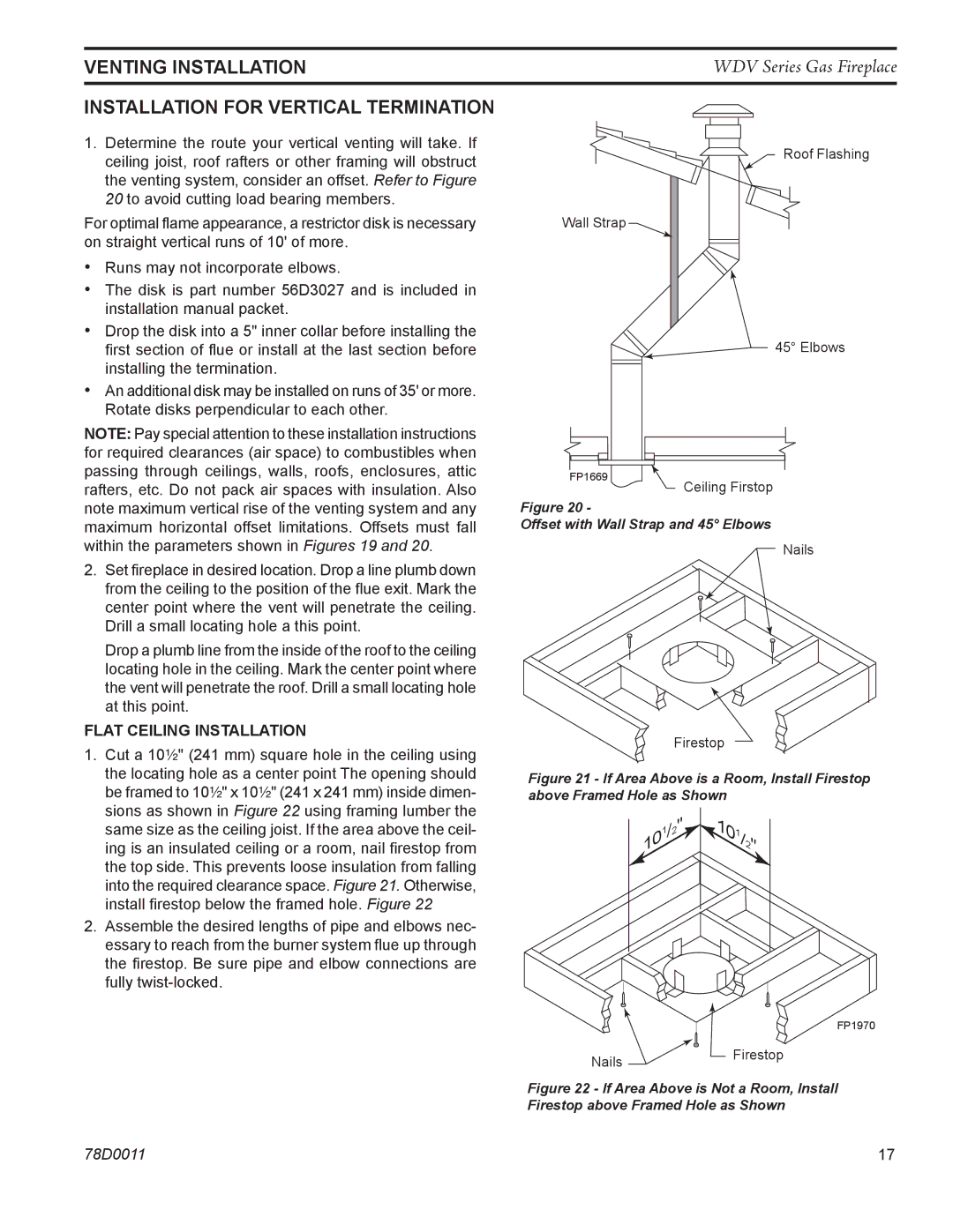 Monessen Hearth WDV500 manual Venting installation Installation for vertical termination, Flat ceiling installation 