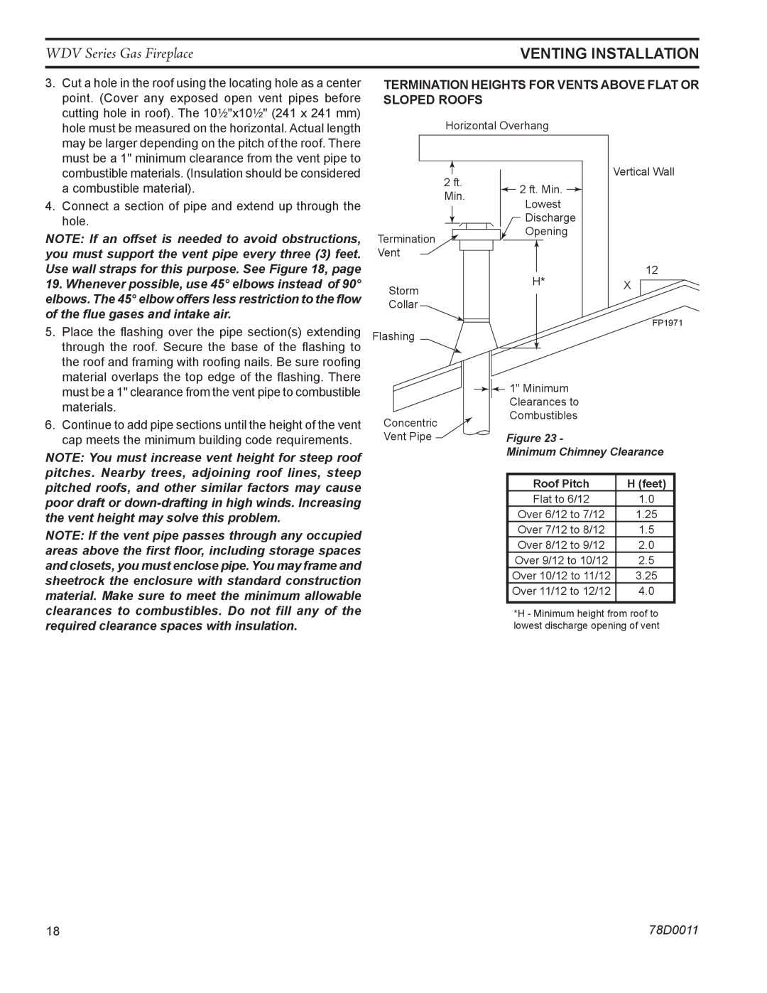 Monessen Hearth WDV500 manual Termination Heights for Vents Above Flat or Sloped Roofs 