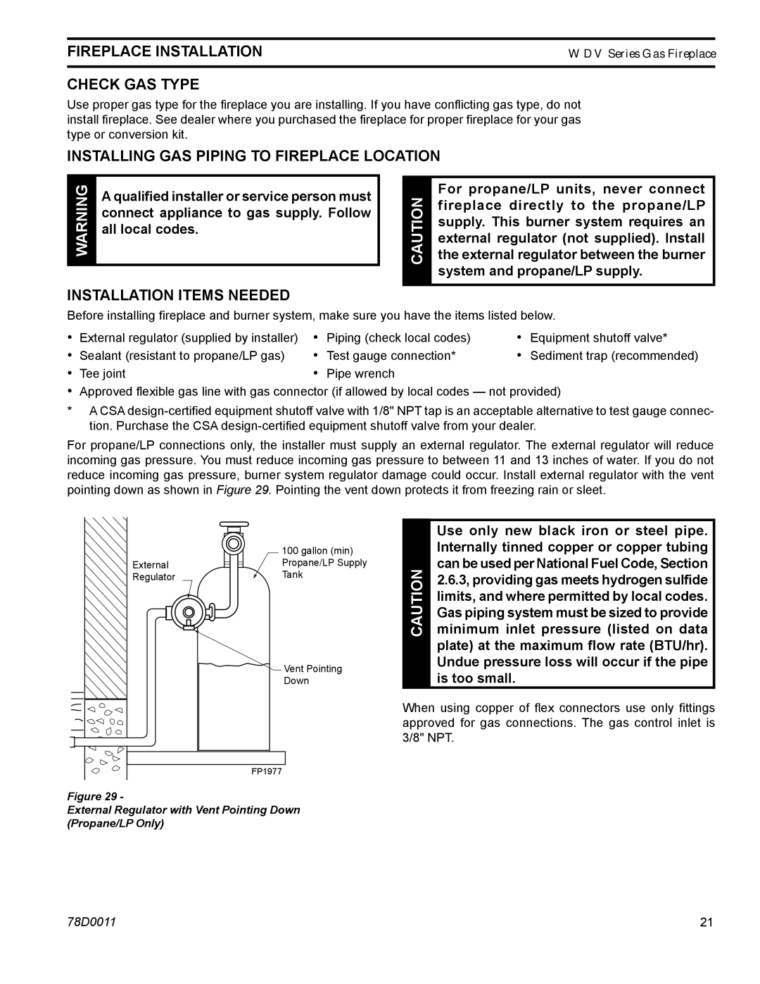 Monessen Hearth WDV500 manual Fireplace installation, Check gas type, Installing gas piping to fireplace location 