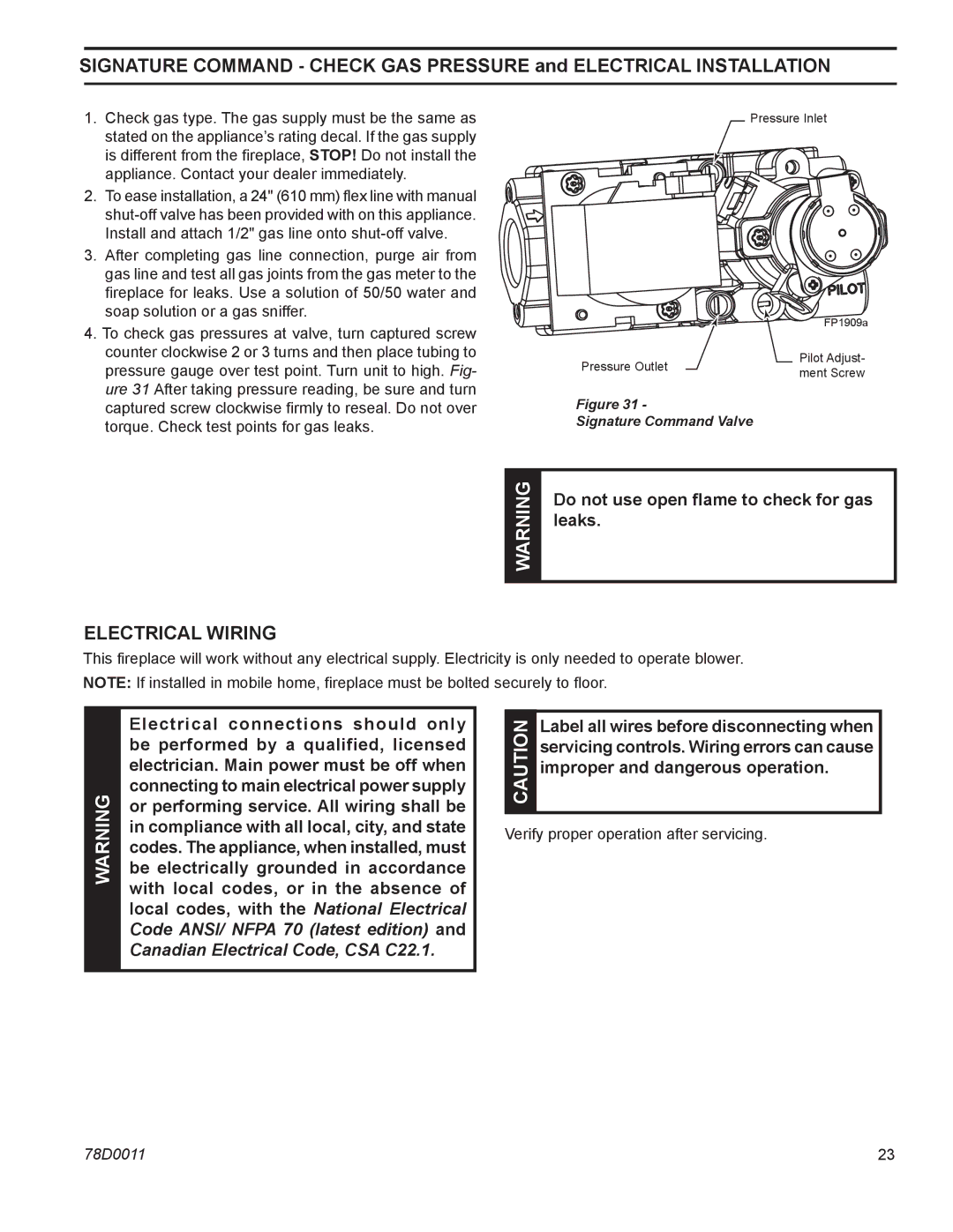 Monessen Hearth WDV500 Electrical Wiring, Do not use open flame to check for gas leaks, Improper and dangerous operation 