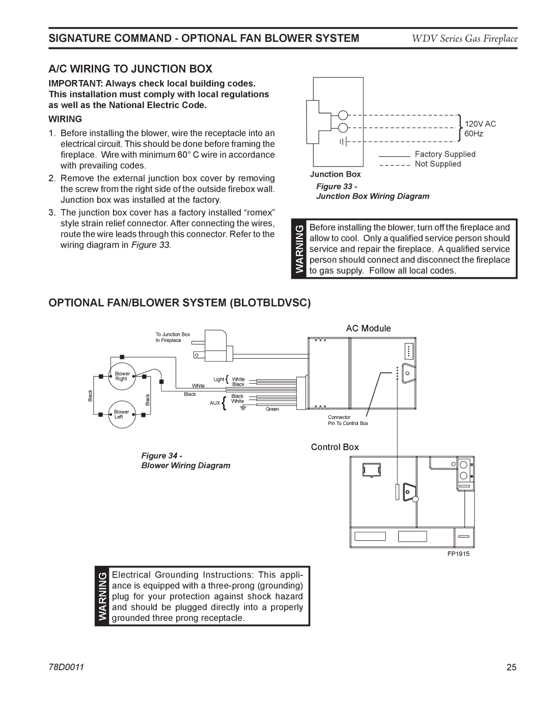 Monessen Hearth WDV500 manual Signature command Optional fan blower system, Wiring to junction box 