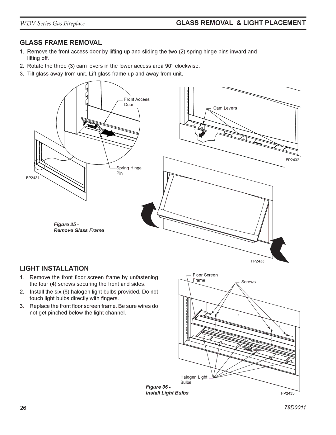 Monessen Hearth WDV500 manual Glass removal & light placement, Glass Frame Removal, Light Installation 