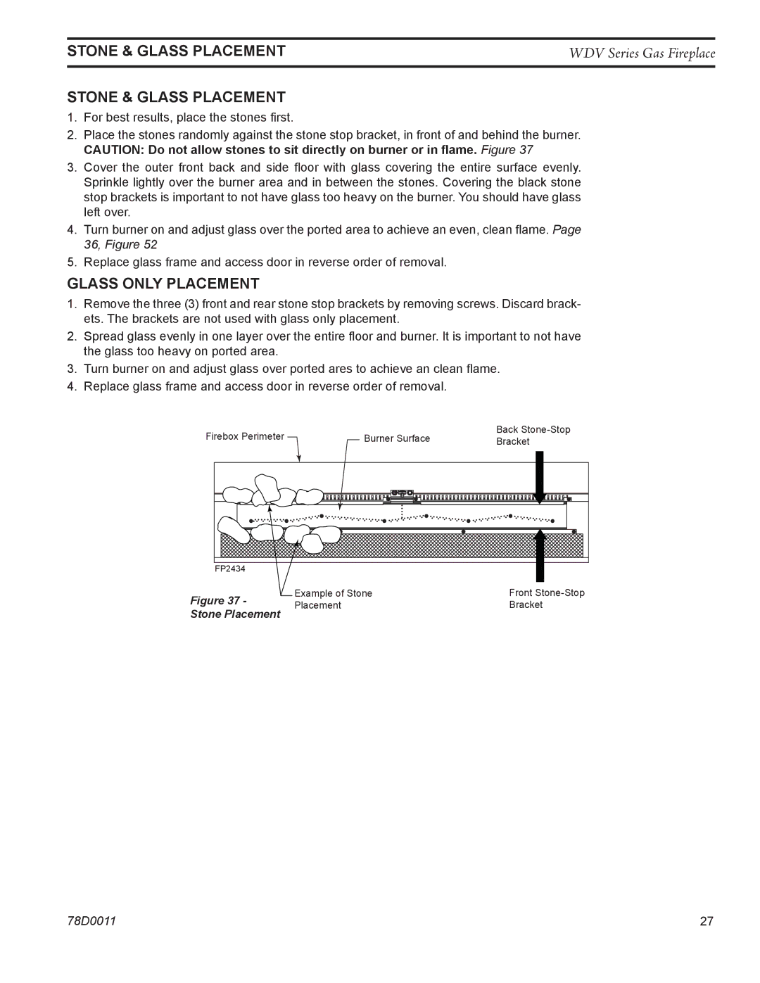 Monessen Hearth WDV500 manual Stone & glass placement, Stone & Glass Placement, Glass only Placement 