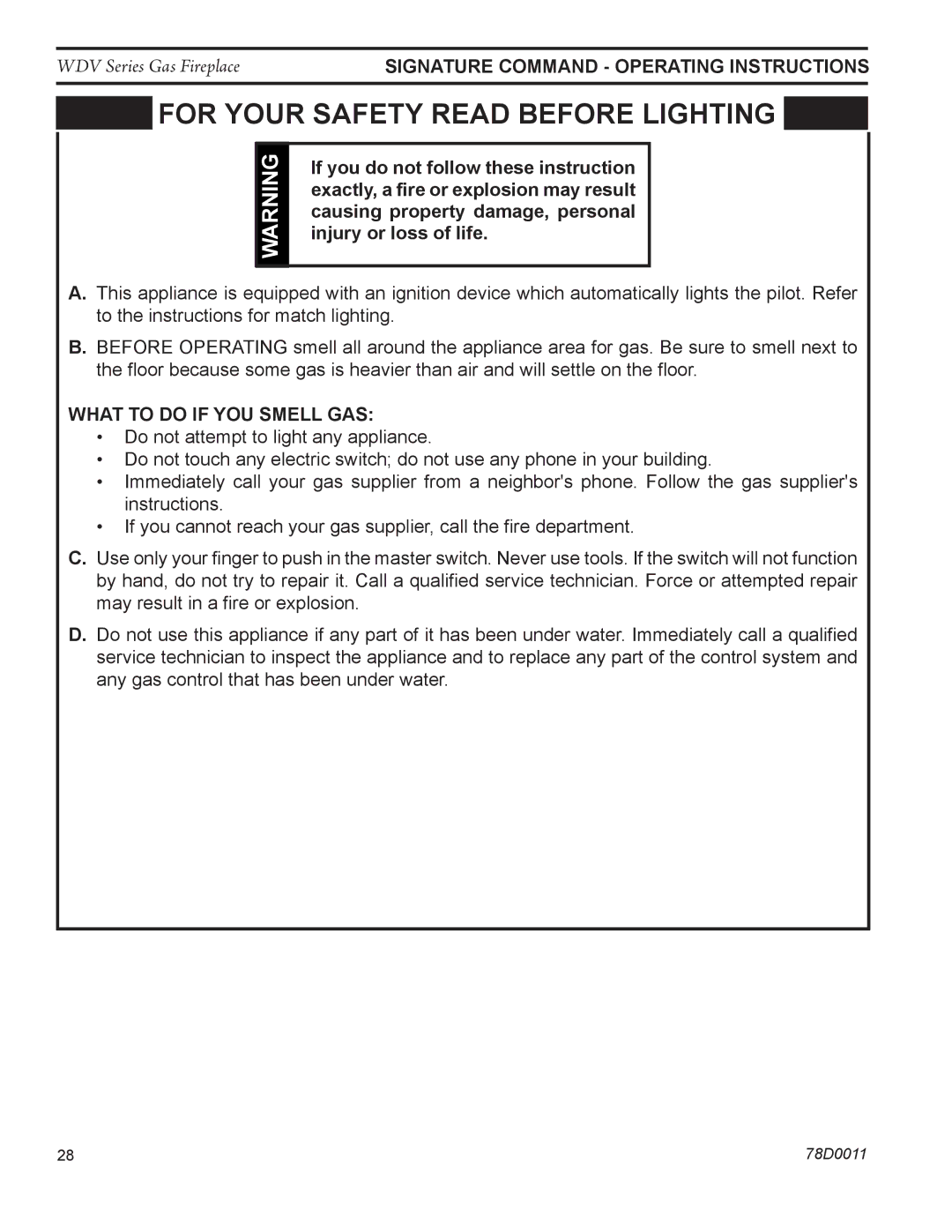 Monessen Hearth WDV500 manual Signature command Operating Instructions, What to do if YOU Smell GAS 