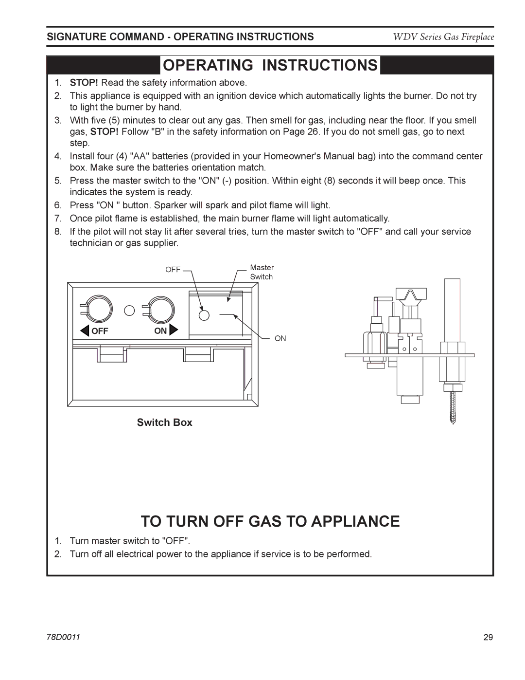 Monessen Hearth WDV500 manual OPERATing Instructions, Switch Box 