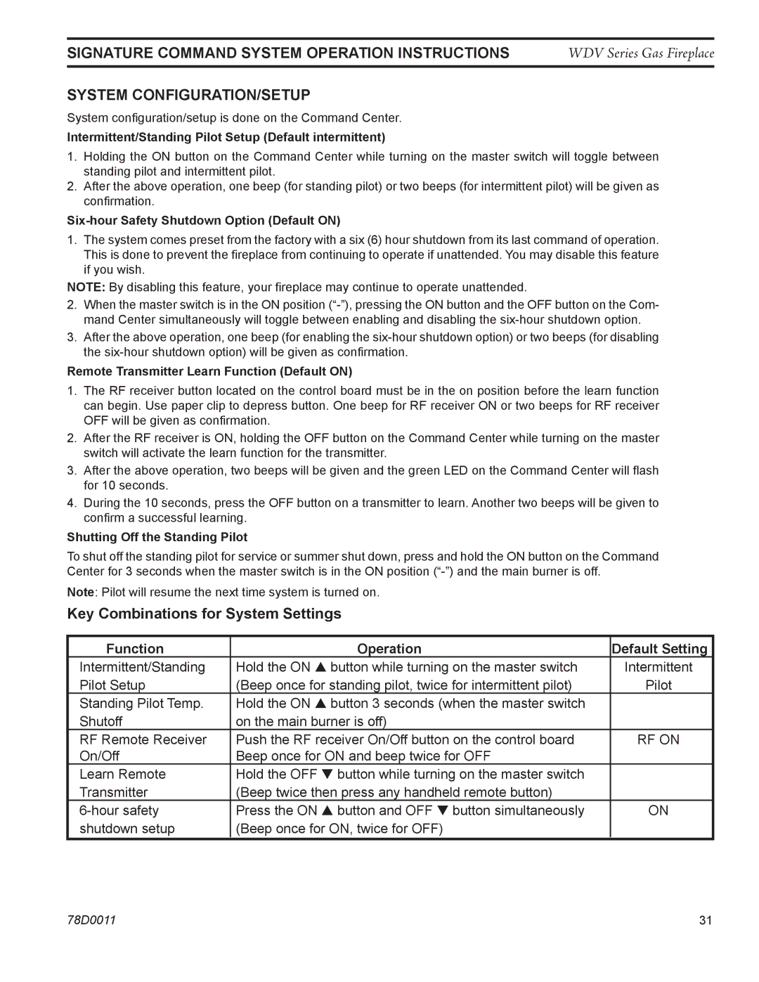 Monessen Hearth WDV500 manual Signature Command System Operation Instructions, System CONFIGURATION/SETUP 