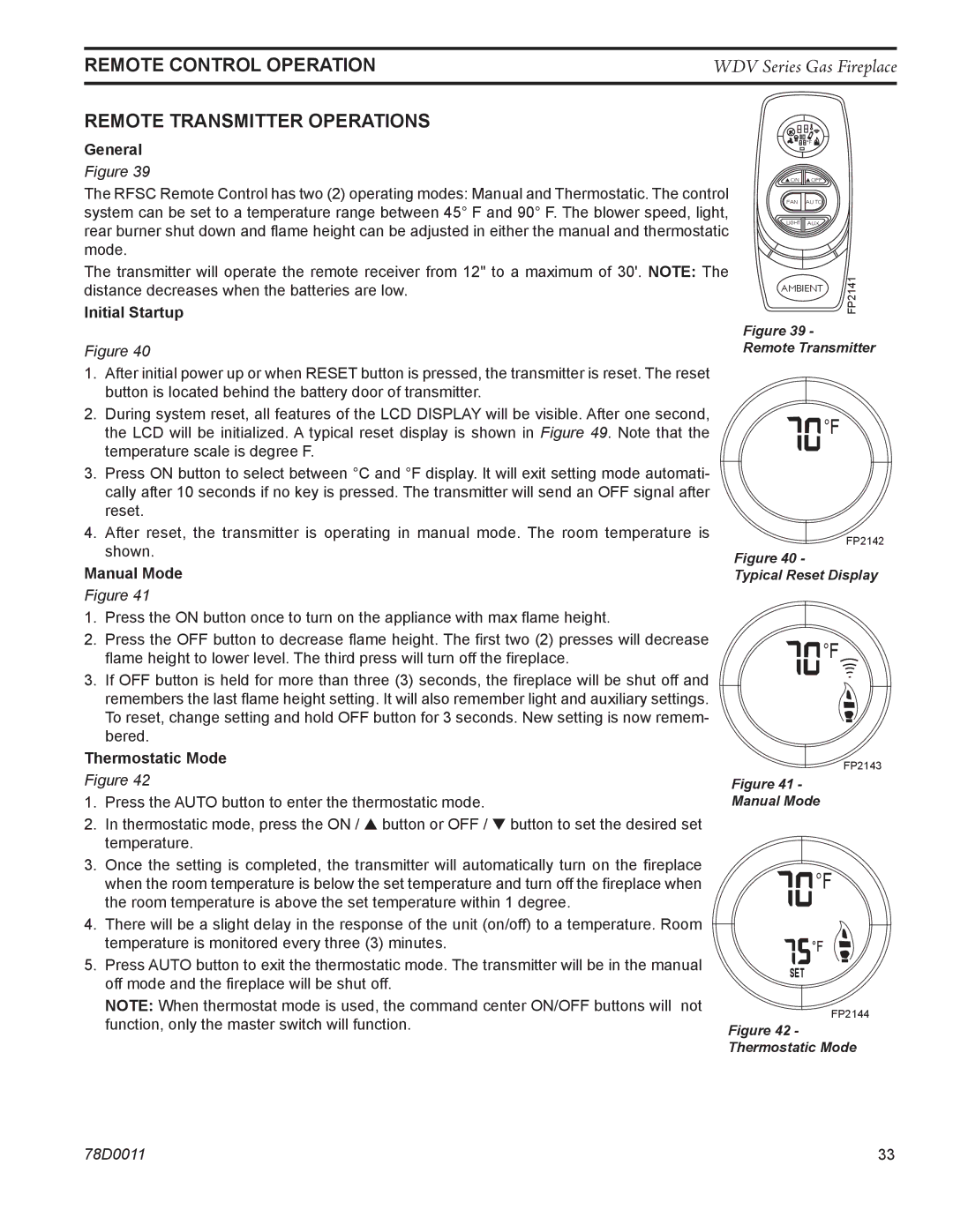 Monessen Hearth WDV500 manual Remote Control Operation, Remote Transmitter Operations 