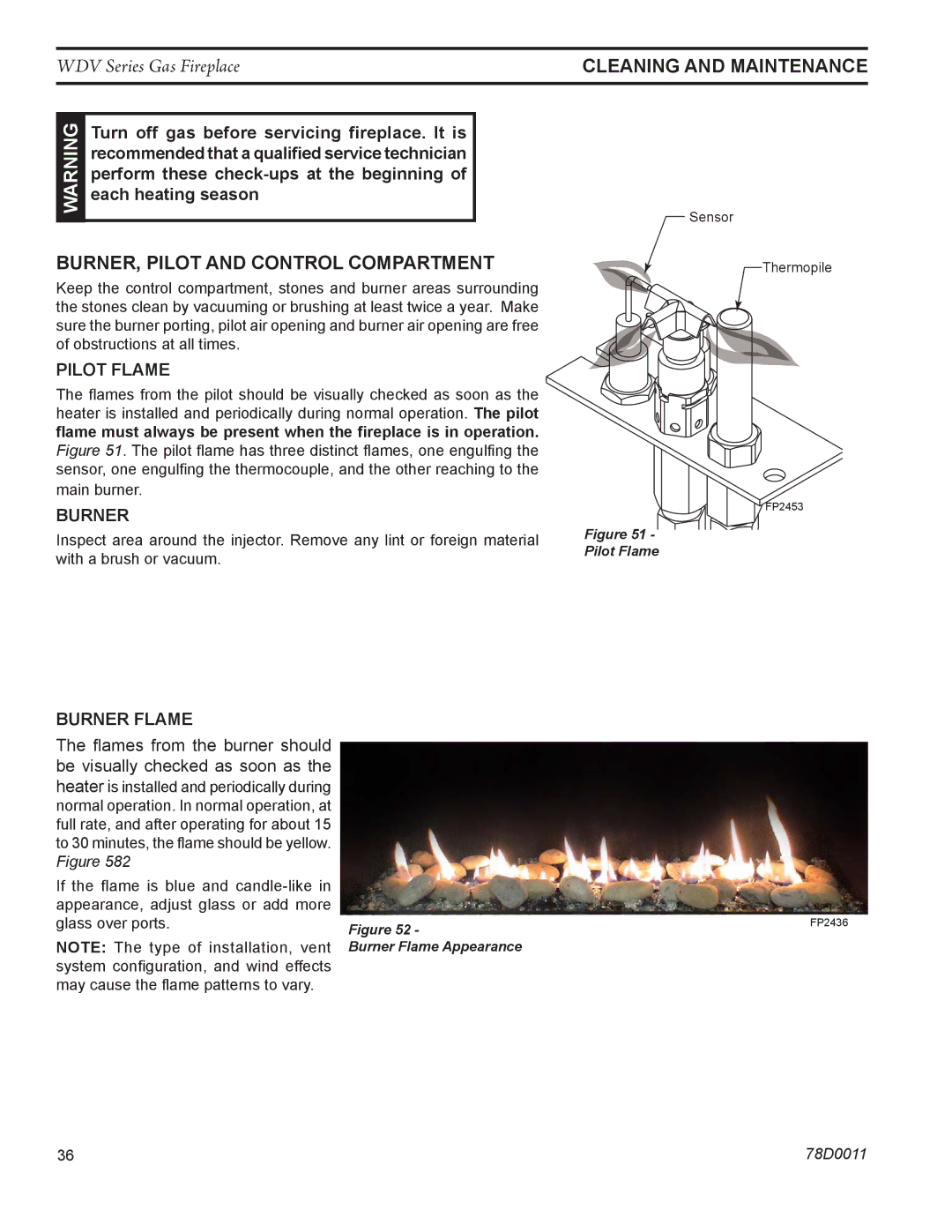 Monessen Hearth WDV500 manual Cleaning and maintenance, Burner, Pilot and Control Compartment 