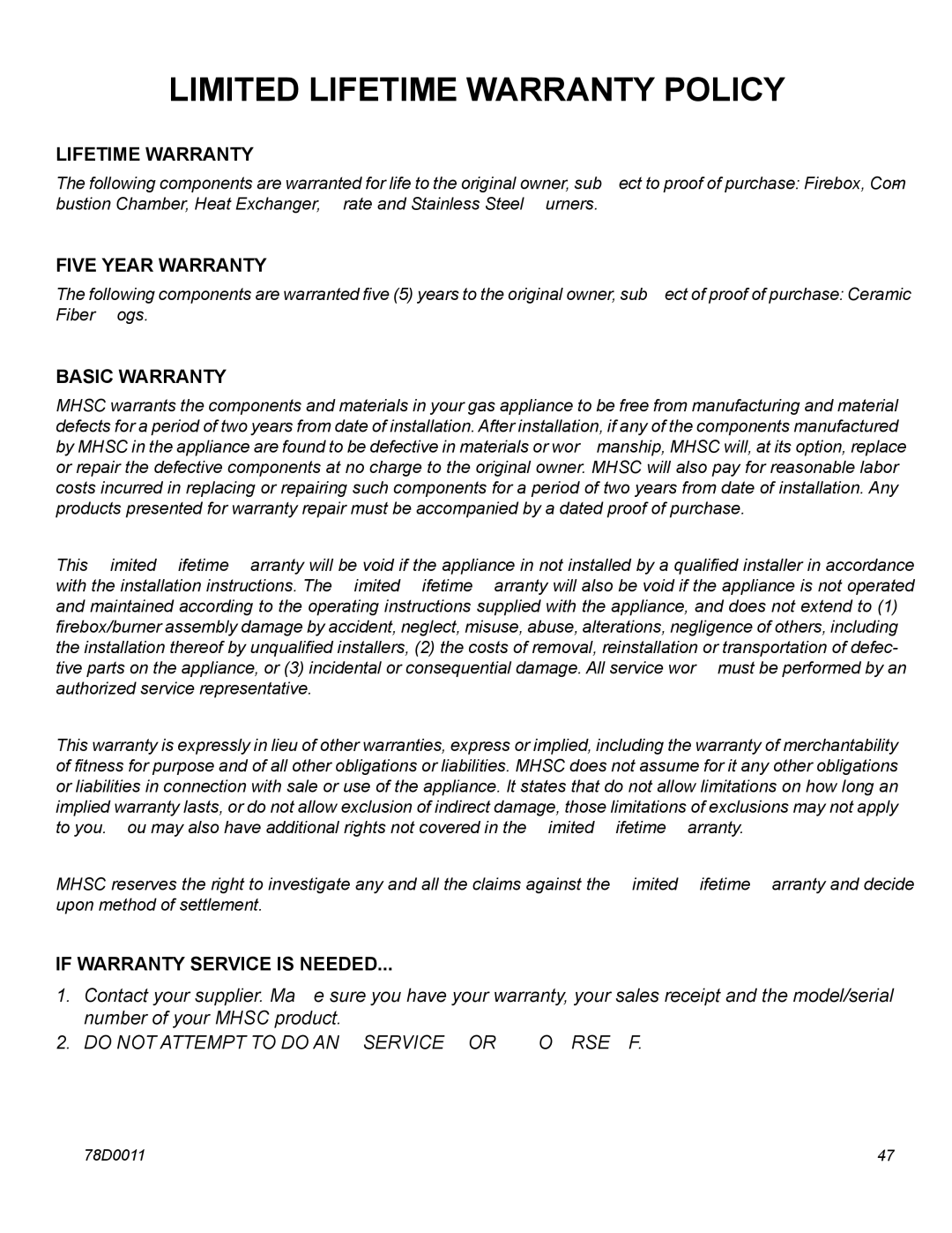 Monessen Hearth WDV500 manual Lifetime Warranty, Five Year Warranty, Basic Warranty, If Warranty Service is Needed 