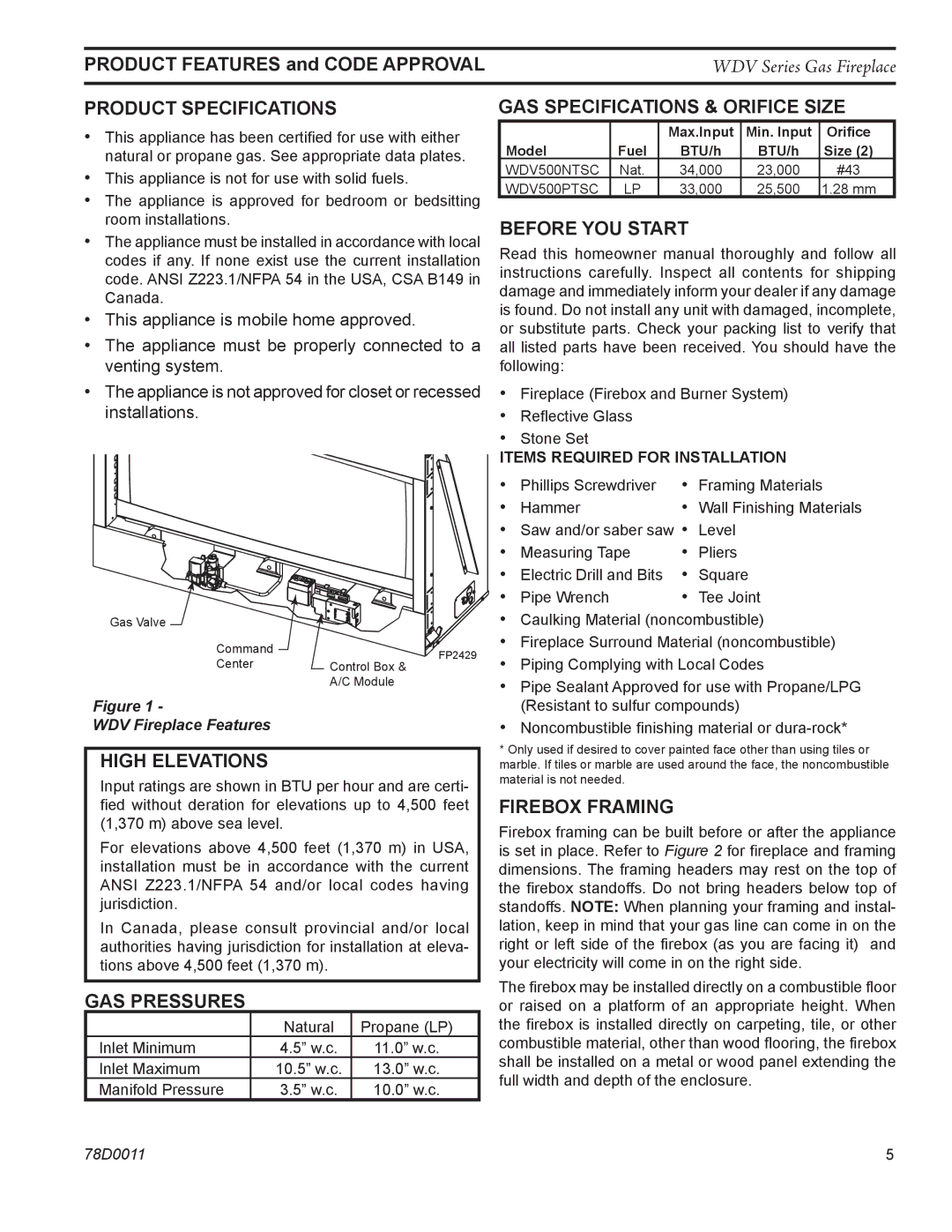 Monessen Hearth WDV500 manual Product features and code approval, High Elevations 