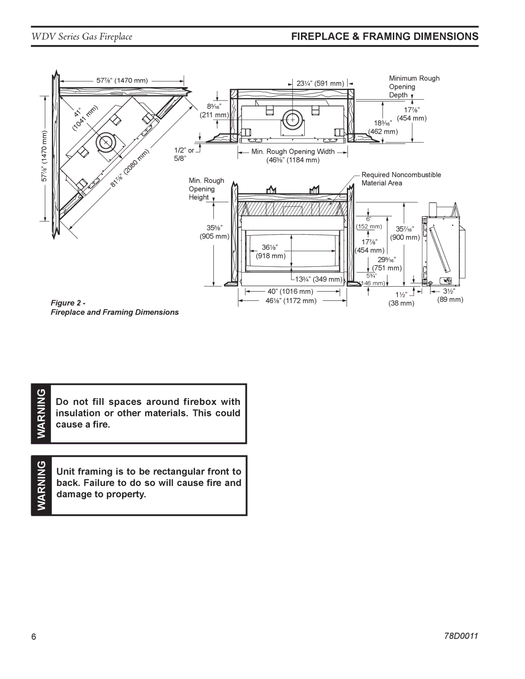 Monessen Hearth WDV500 manual Fireplace & Framing Dimensions, Fireplace and Framing Dimensions 