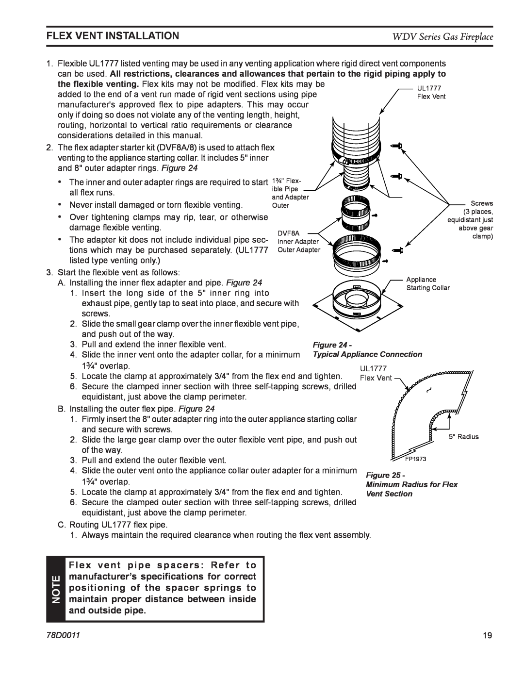 Monessen Hearth WDV500 manual Flex Vent Installation, WDV Series Gas Fireplace, 78D0011 