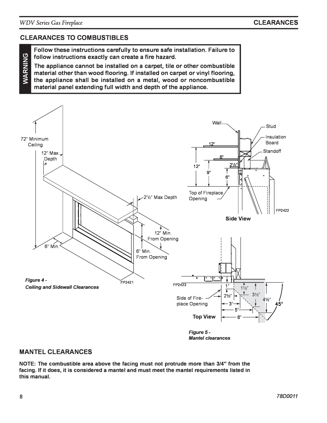 Monessen Hearth WDV500 manual Clearances to combustibles, mantel clearances, WDV Series Gas Fireplace 